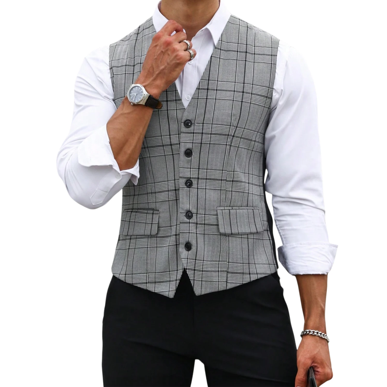 Men Formal Wear Vest - Chaleco de Traje a Cuadros Gris